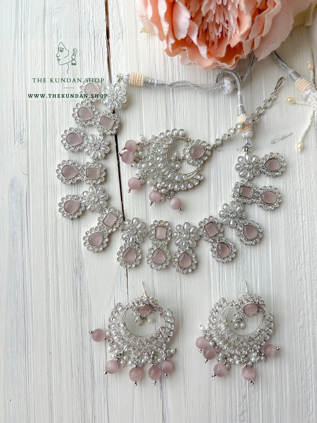 Heavenly Silver in Light Pink Necklace Sets THE KUNDAN SHOP