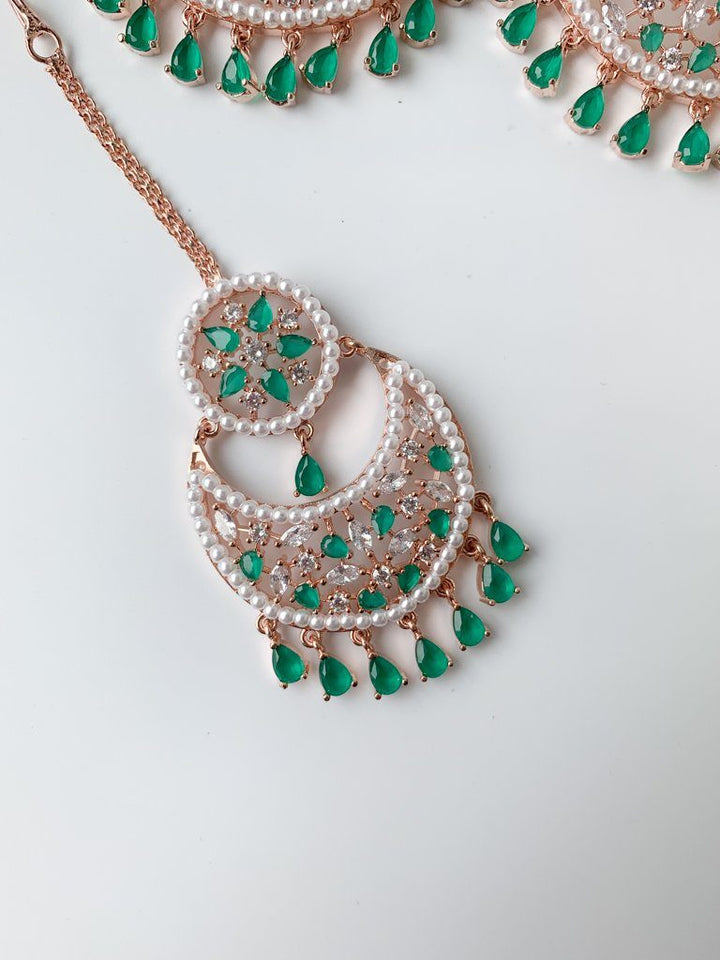 Decisive in Rose Gold & Emerald Earrings + Tikka THE KUNDAN SHOP