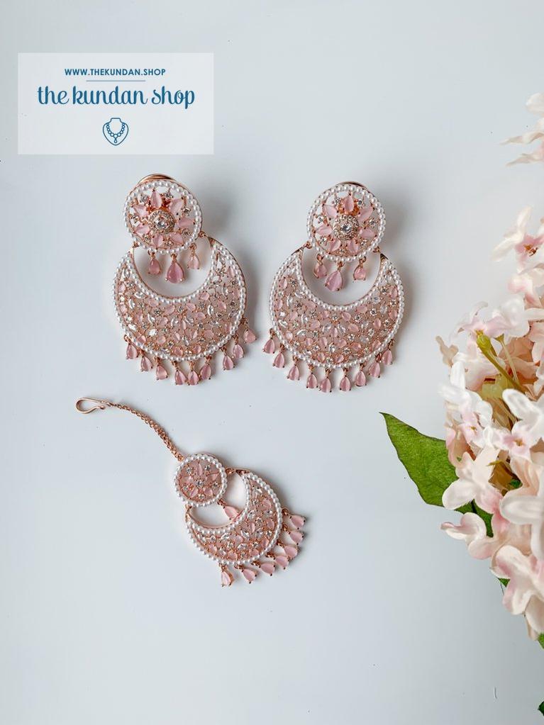Decisive in Rose Gold & Pink Earrings + Tikka THE KUNDAN SHOP