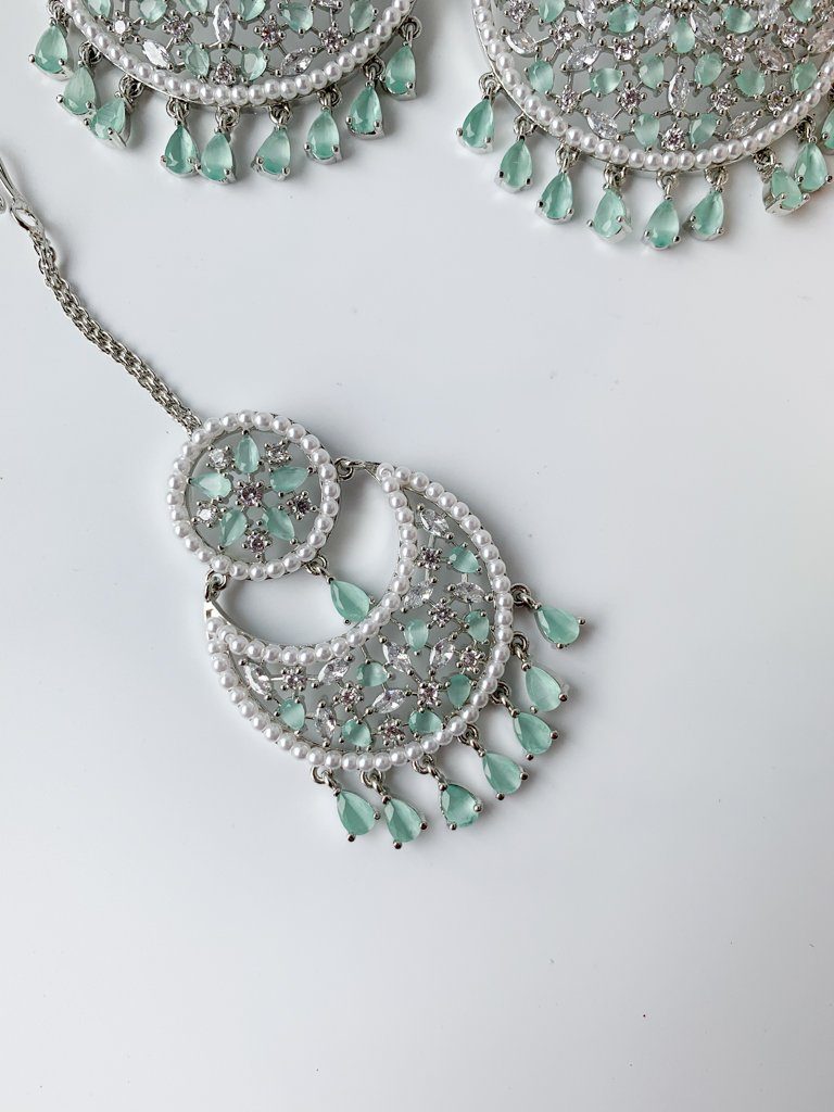 Decisive in Silver & Mint Earrings + Tikka THE KUNDAN SHOP