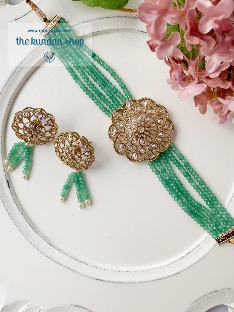 Floral Notes in Spring Green Necklace Sets THE KUNDAN SHOP