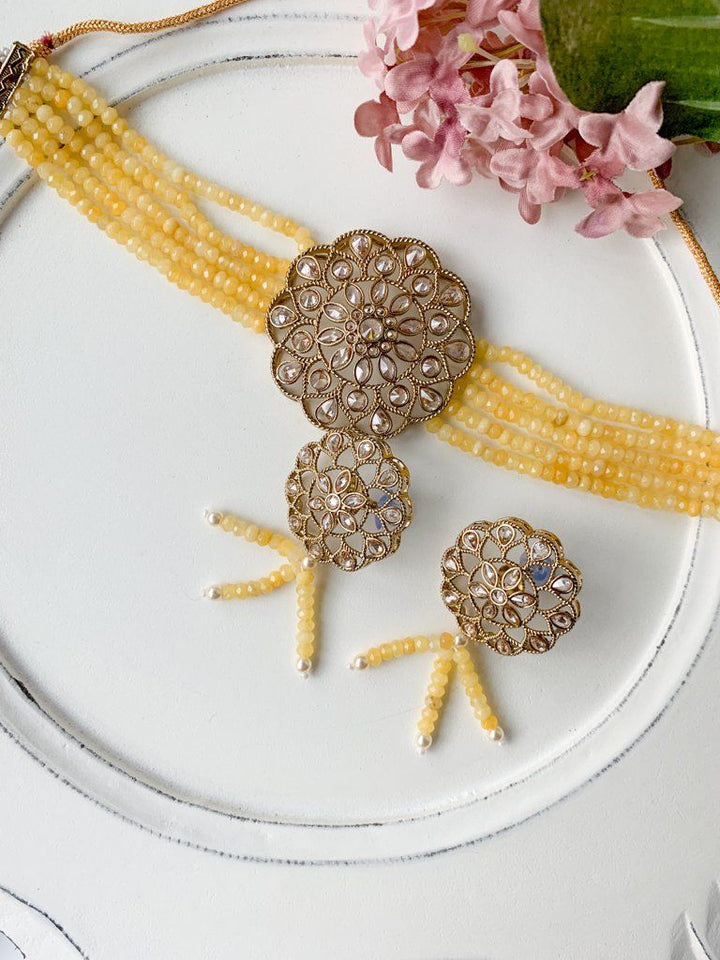 Floral Notes in Yellow Necklace Sets THE KUNDAN SHOP