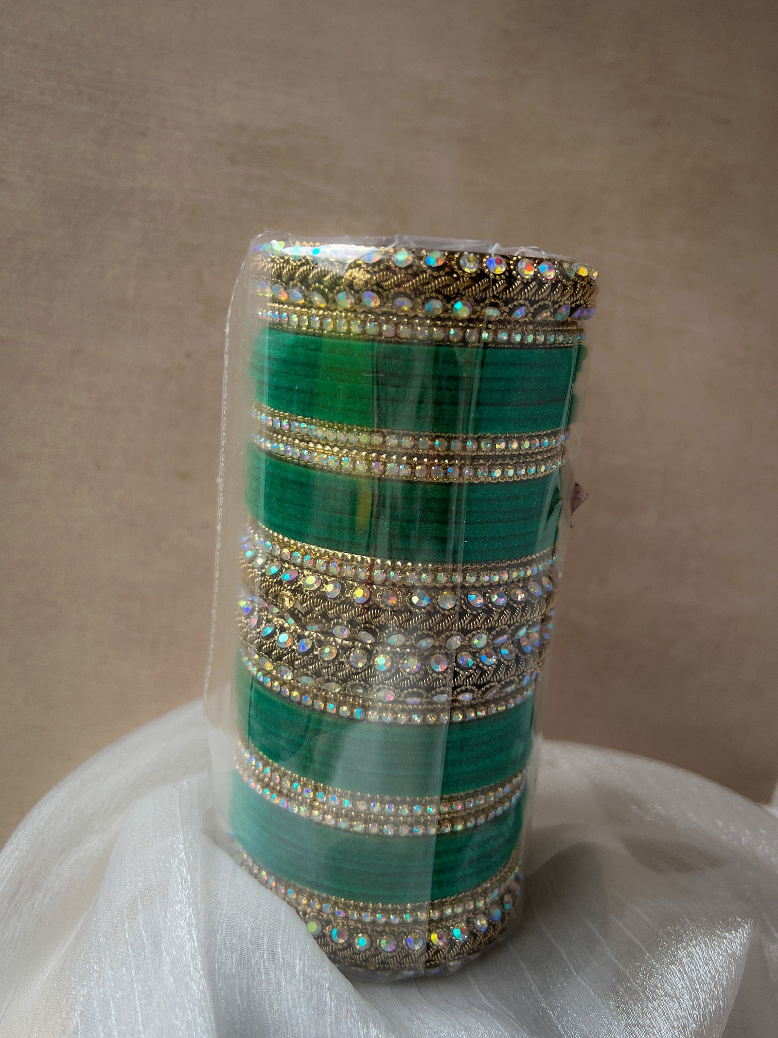 Iridescent Stones & Velvet in Green Bangles THE KUNDAN SHOP 