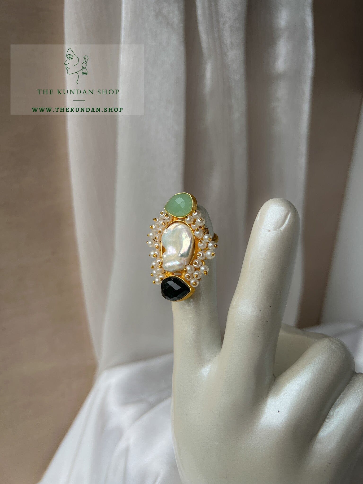 Trio Stone Ring Ring THE KUNDAN SHOP Mint + Black 