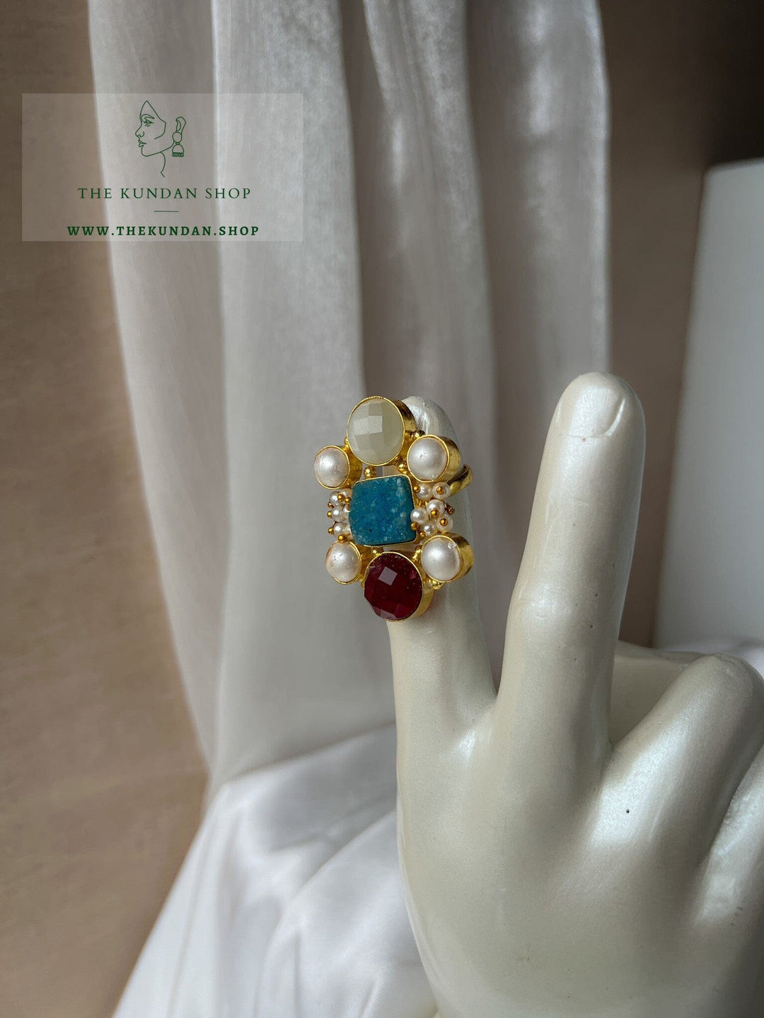 Trio Stone Ring Ring THE KUNDAN SHOP Red +. White + Blue Center 
