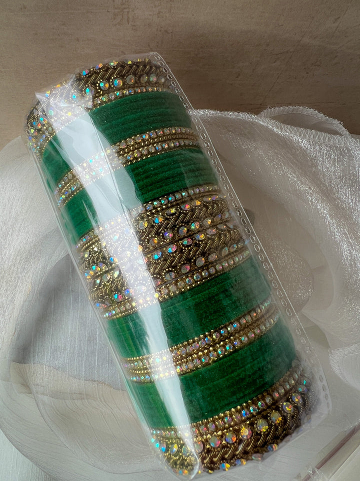 Iridescent Stones & Velvet in Green Bangles THE KUNDAN SHOP 