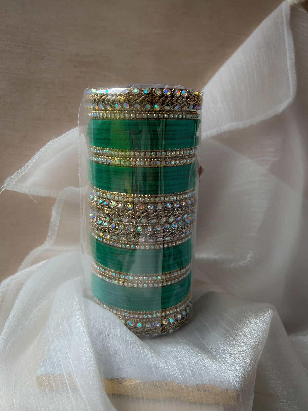 Iridescent Stones & Velvet in Green Bangles THE KUNDAN SHOP 