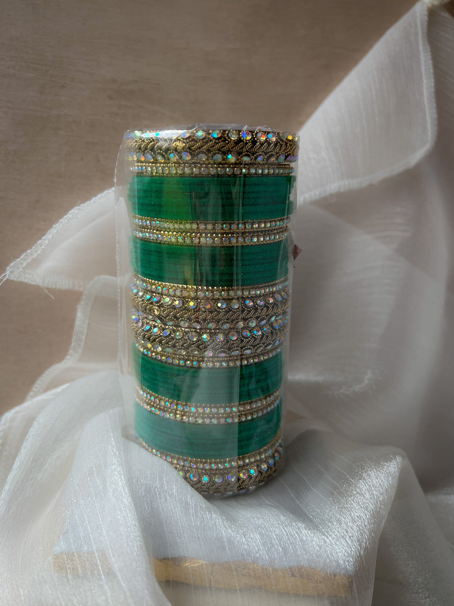 Iridescent Stones & Velvet in Green Bangles THE KUNDAN SHOP 