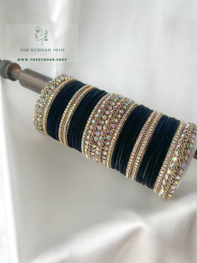 Iridescent Stones & Velvet in Black Bangles THE KUNDAN SHOP 