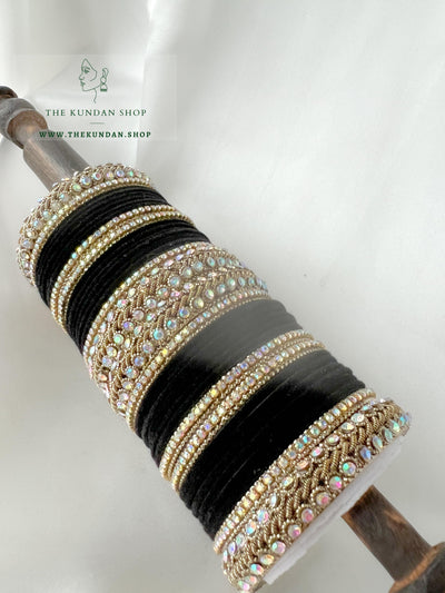 Iridescent Stones & Velvet in Black Bangles THE KUNDAN SHOP 