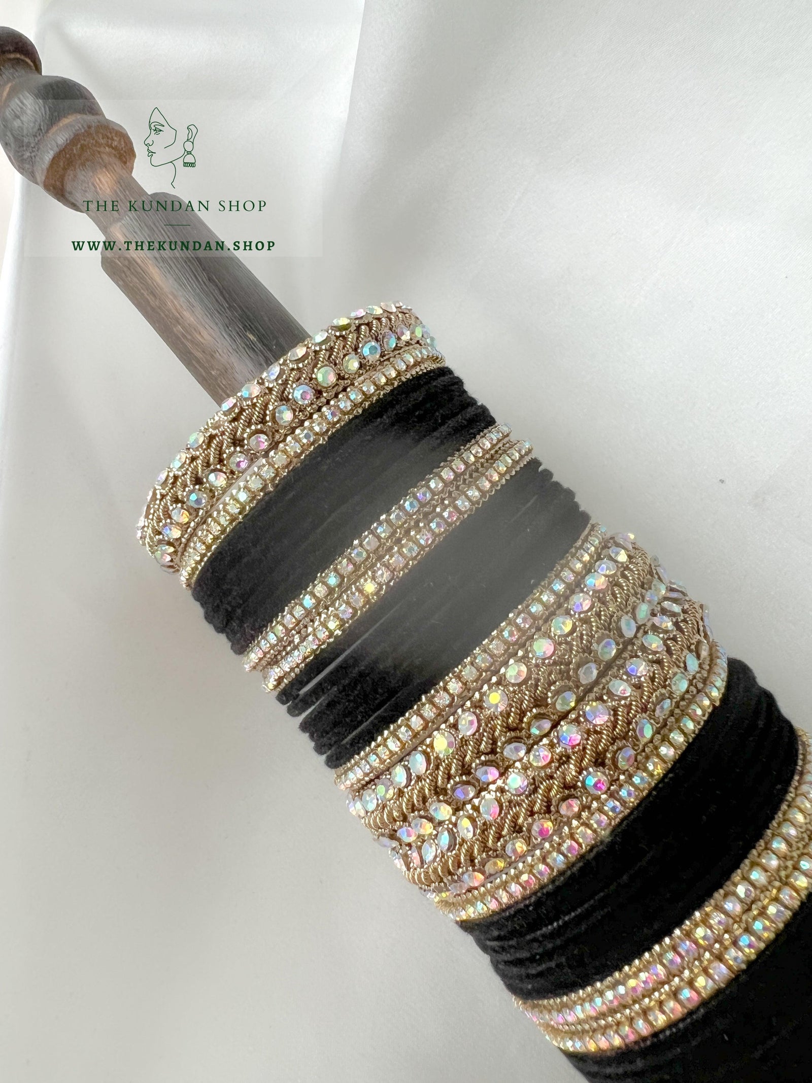 Iridescent Stones & Velvet in Black Bangles THE KUNDAN SHOP 