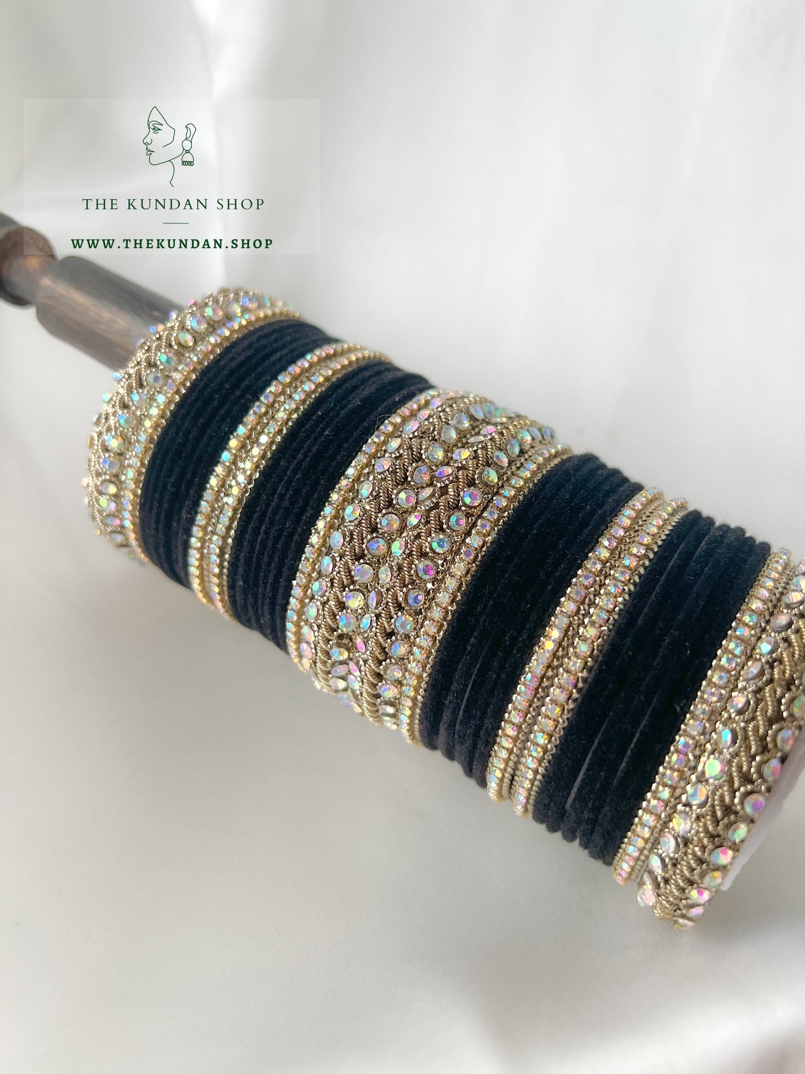 Iridescent Stones & Velvet in Black Bangles THE KUNDAN SHOP 