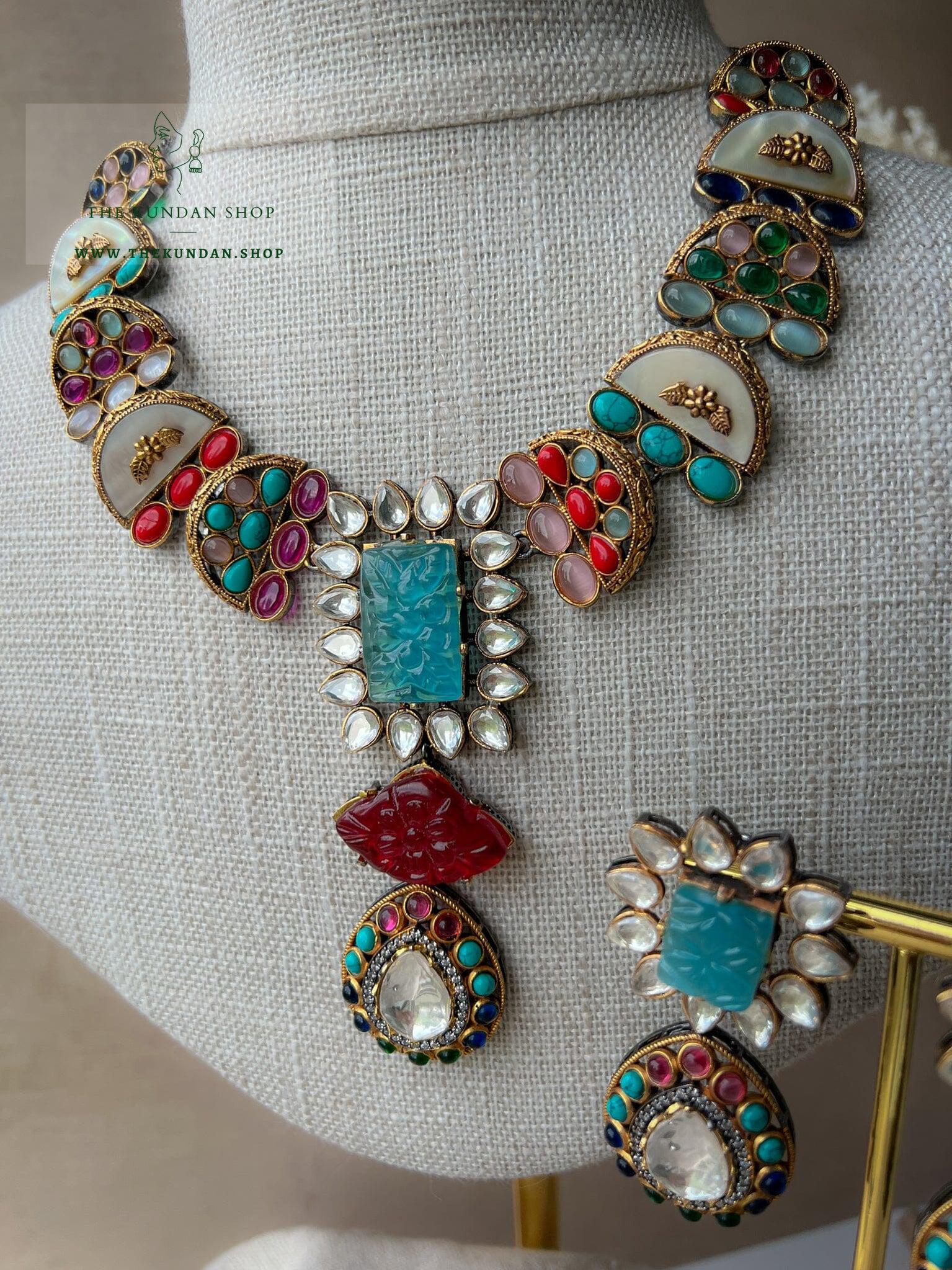 Blue Fusion Carved Set Necklace Sets THE KUNDAN SHOP 