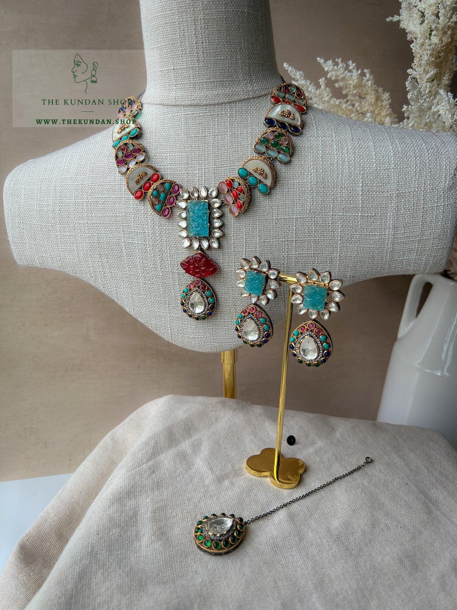 Blue Fusion Carved Set Necklace Sets THE KUNDAN SHOP 