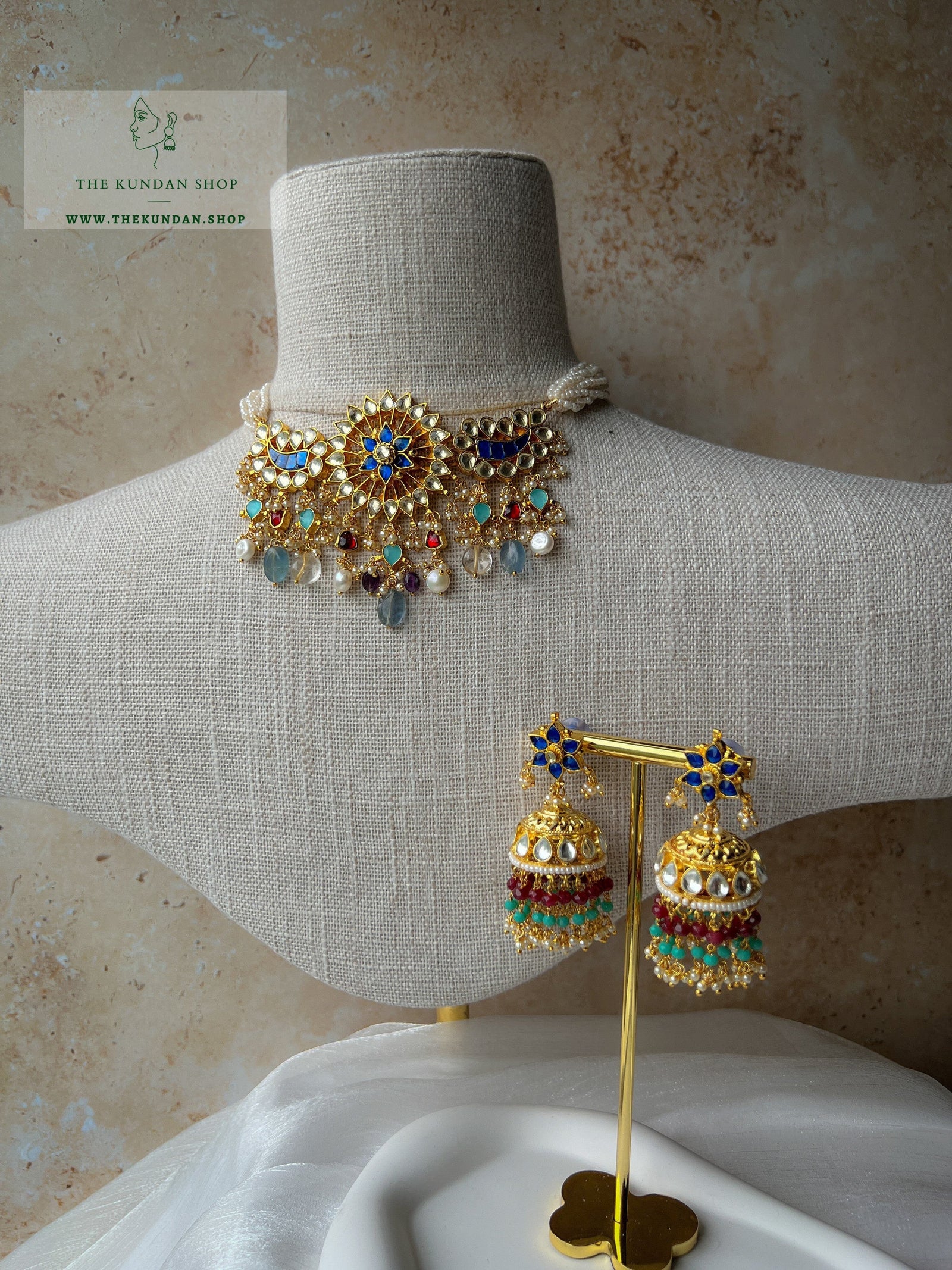 Sunburst Kundan in Blue Necklace Sets THE KUNDAN SHOP 