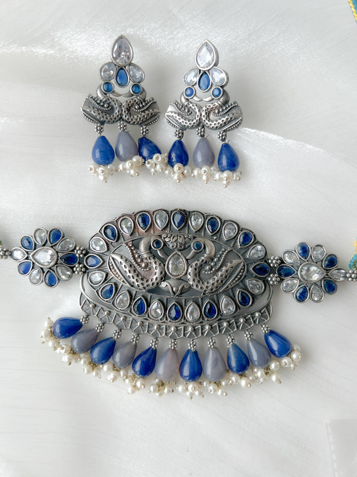 Pairing in Blue // Oxidized Silver Necklace Sets THE KUNDAN SHOP 