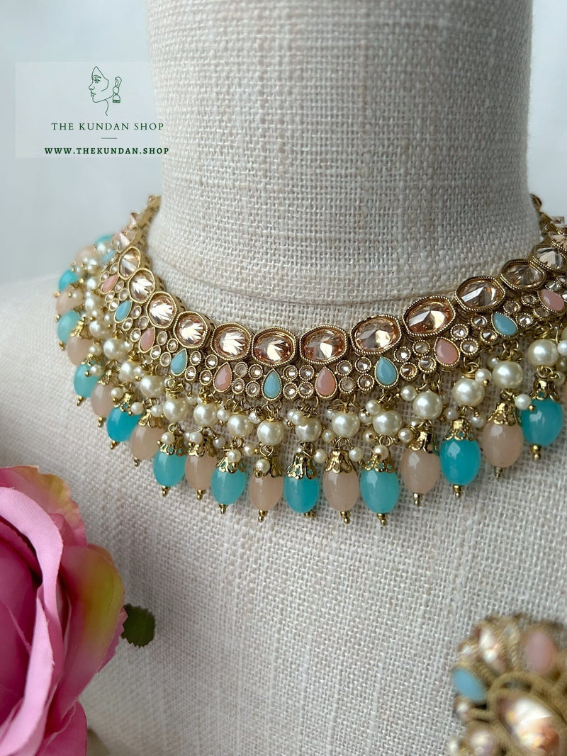 Envy Polki in Blue & Peach Necklace Sets THE KUNDAN SHOP 