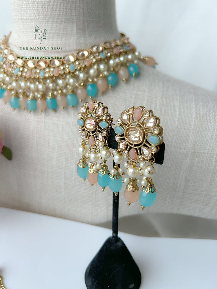 Envy Polki in Blue & Peach Necklace Sets THE KUNDAN SHOP 