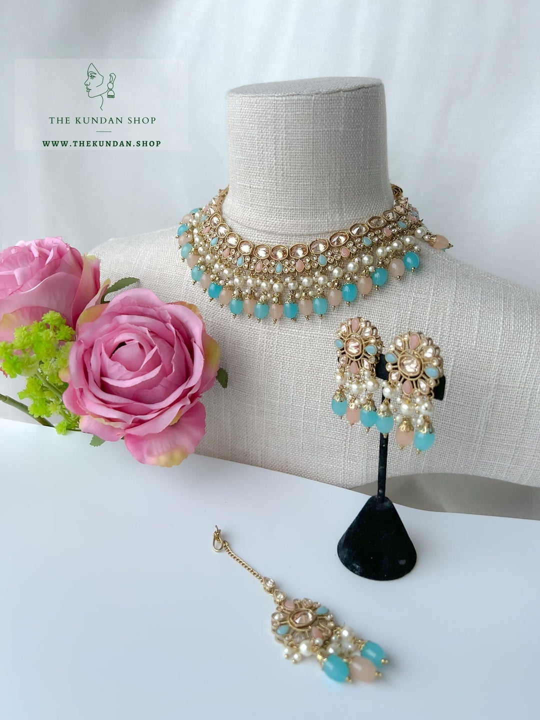 Envy Polki in Blue & Peach Necklace Sets THE KUNDAN SHOP 