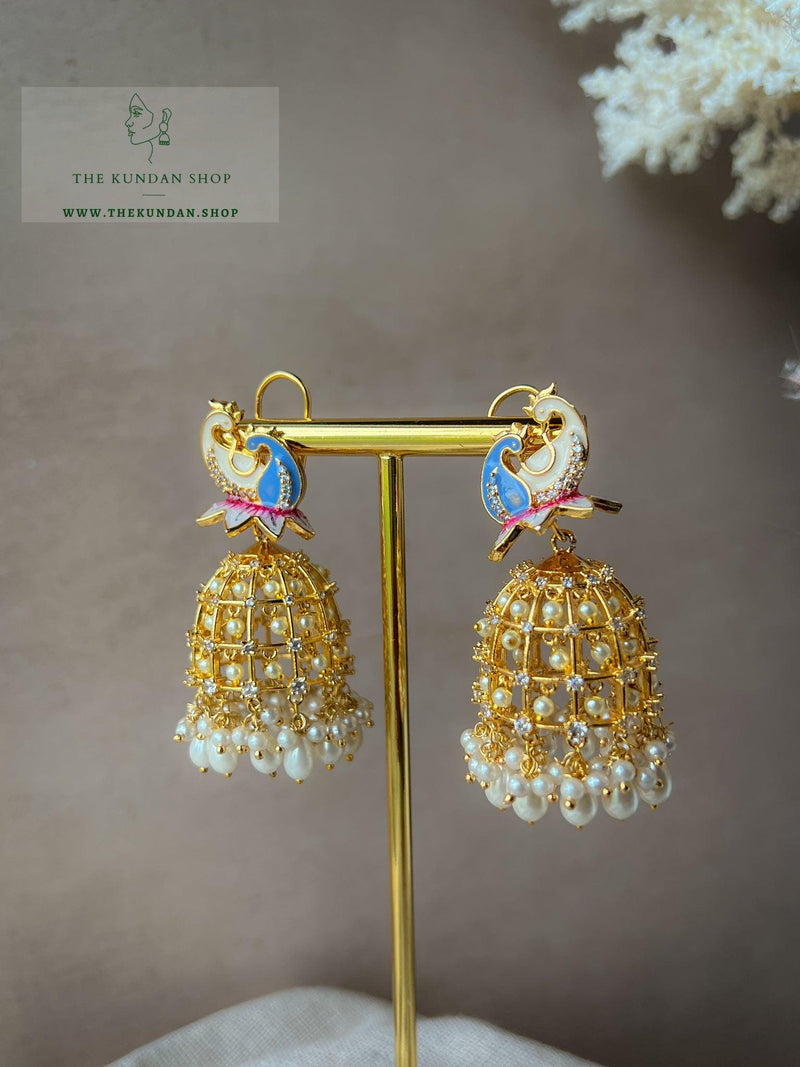 Moorni Cage Jhumkis Earrings THE KUNDAN SHOP Cream & Grey 
