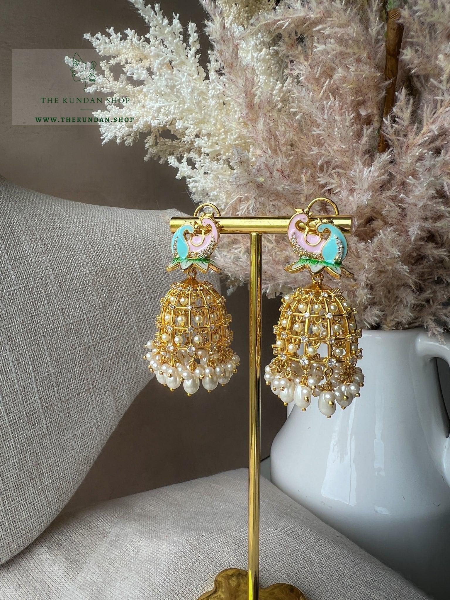 Moorni Cage Jhumkis Earrings THE KUNDAN SHOP Pink & Blue 