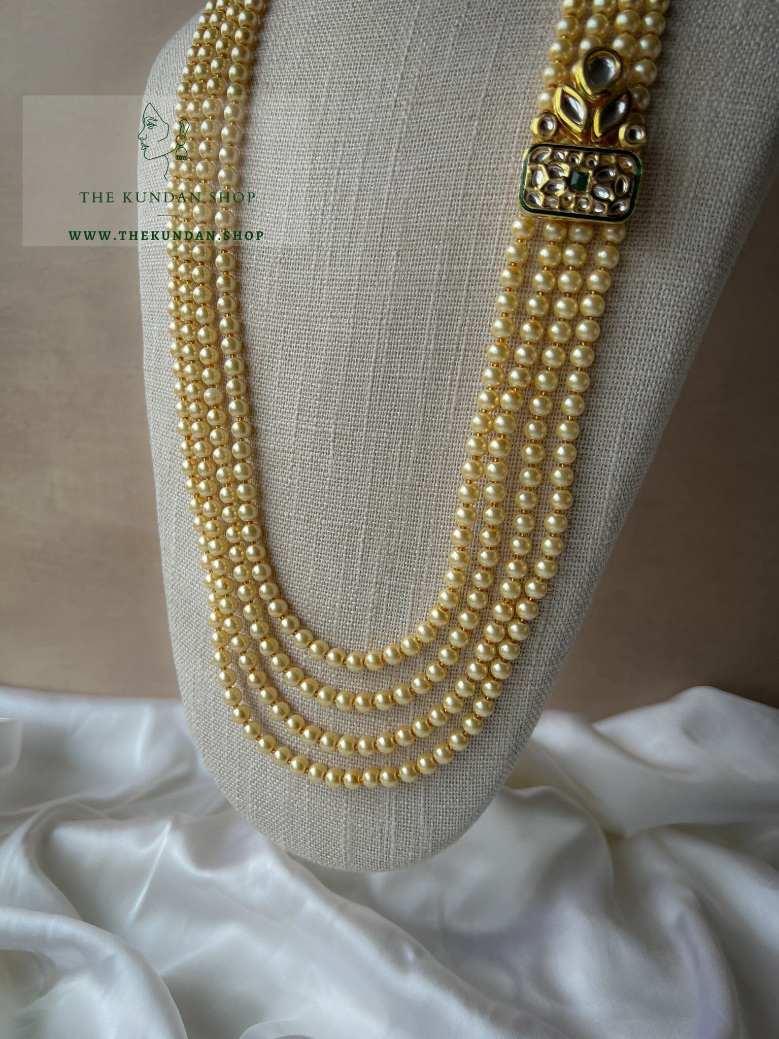 Green Pendant - 4 Layer Champagne Pearl Mala Grooms Mala THE KUNDAN SHOP 