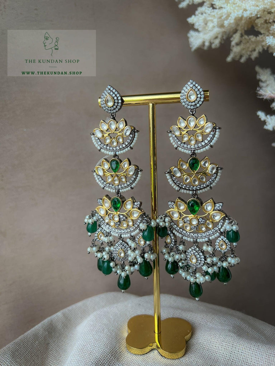 Chand Stones in Oxidized & Gold Earrings THE KUNDAN SHOP Green 