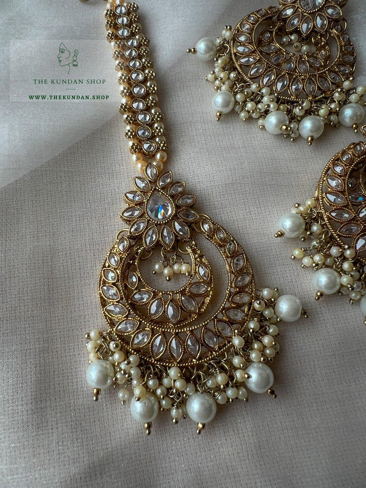 Candor in Clear Pearl Earrings + Tikka THE KUNDAN SHOP 