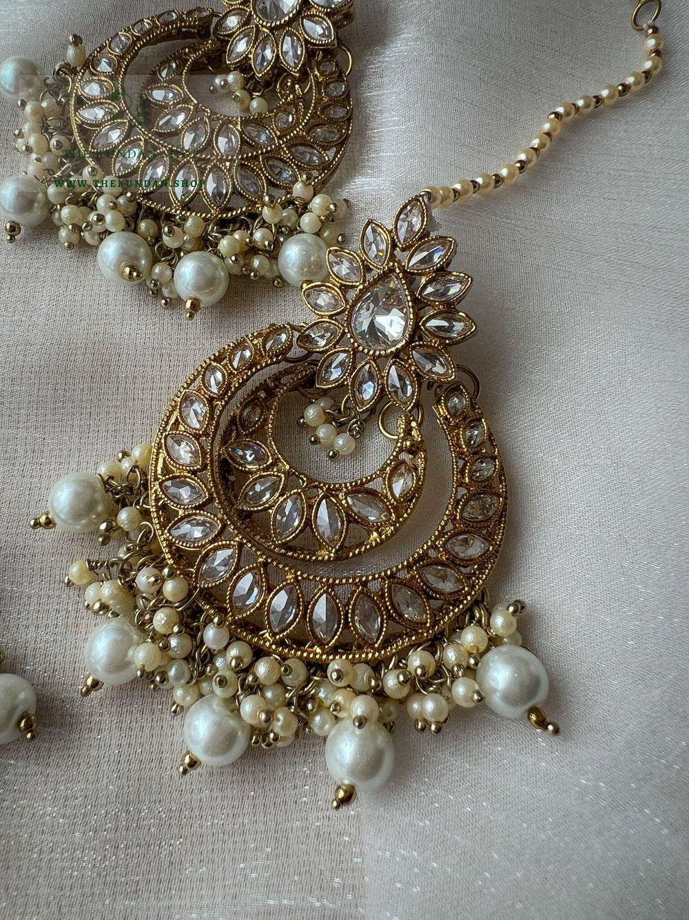 Candor in Clear Pearl Earrings + Tikka THE KUNDAN SHOP 