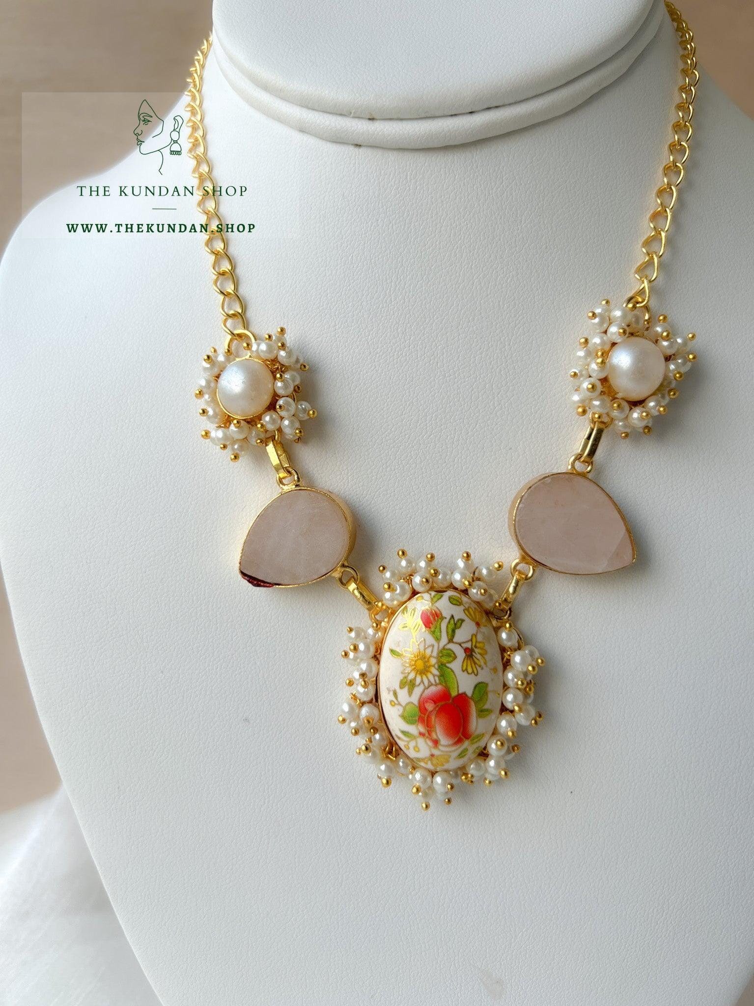 The Perfect Line & Floral Pendant in Cream Necklace Sets THE KUNDAN SHOP 