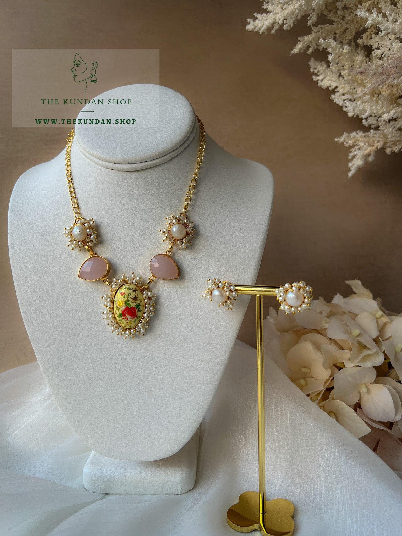 The Perfect Line & Floral Pendant in Cream Necklace Sets THE KUNDAN SHOP 