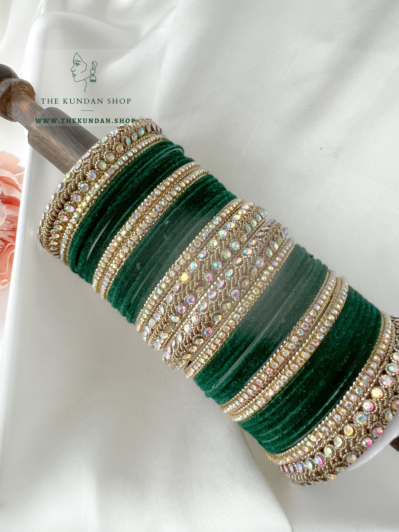 Iridescent Stones & Velvet in Dark Green Bangles THE KUNDAN SHOP 