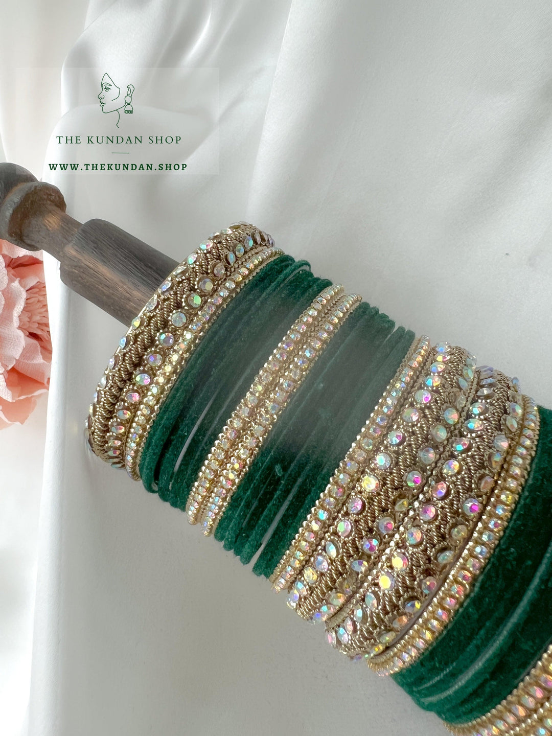 Iridescent Stones & Velvet in Dark Green Bangles THE KUNDAN SHOP 