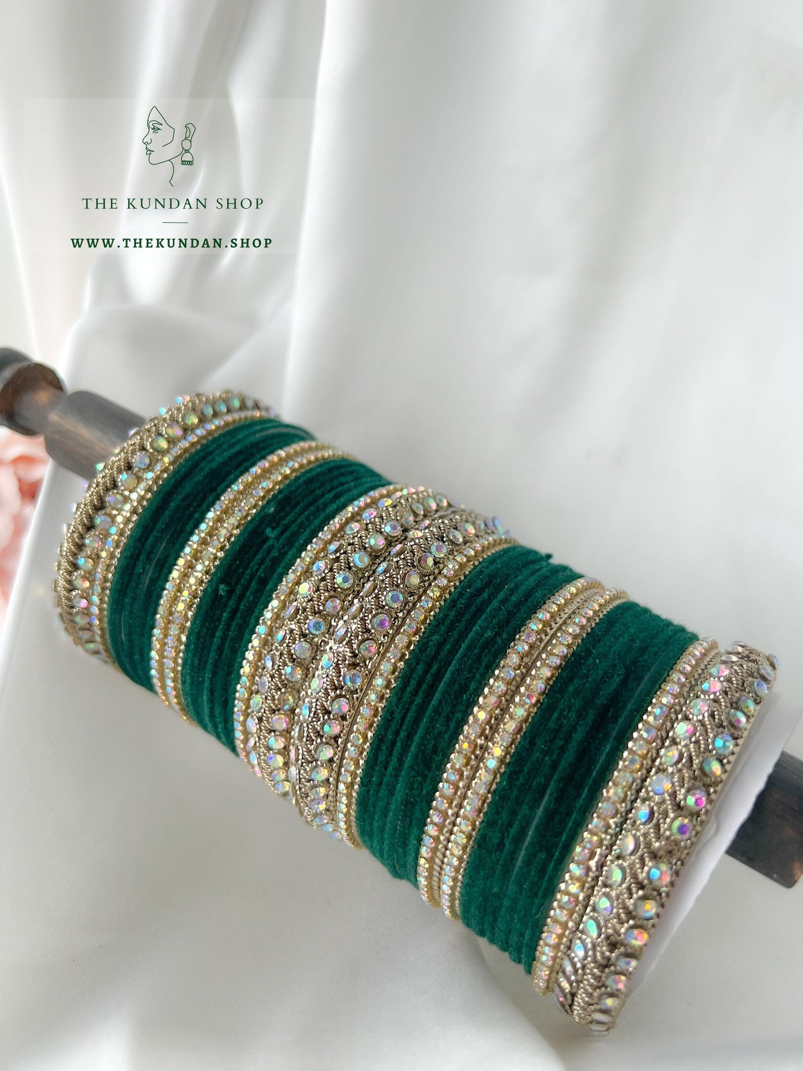 Iridescent Stones & Velvet in Dark Green Bangles THE KUNDAN SHOP 