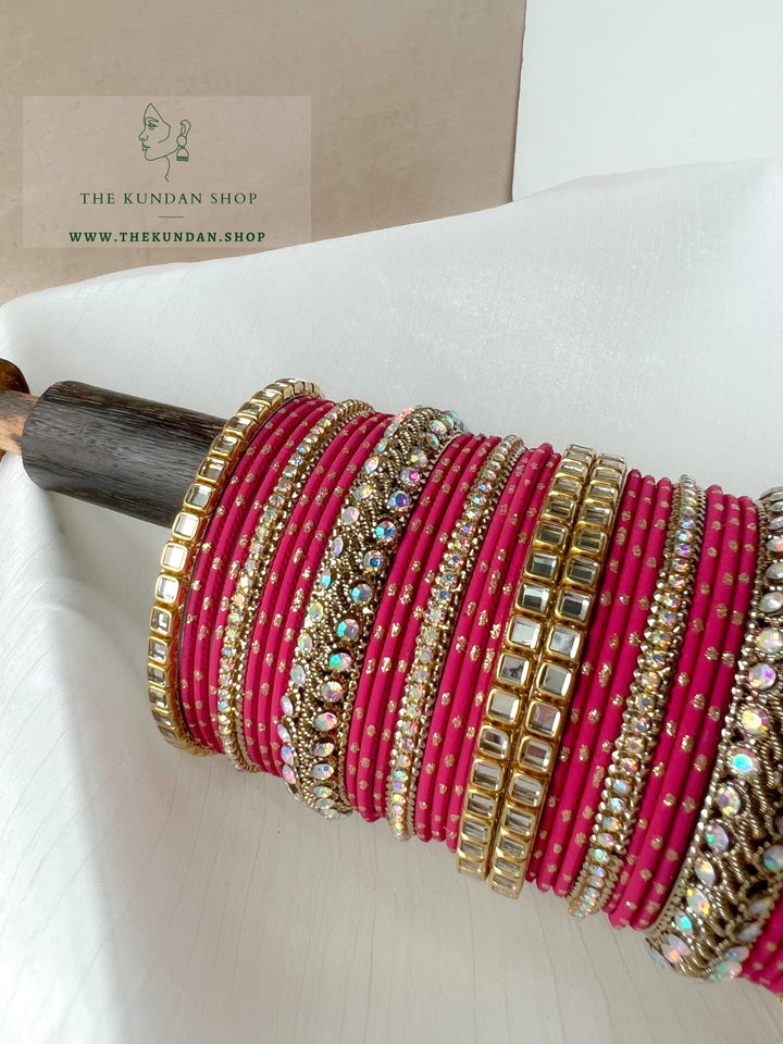 Iridescent Center Stones in Dark Pink Bangles THE KUNDAN SHOP 