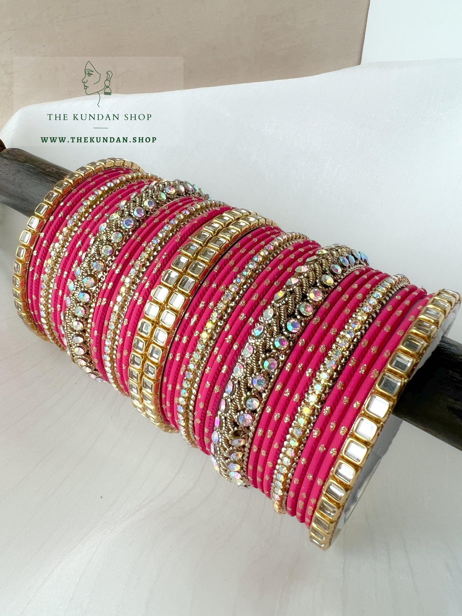 Iridescent Center Stones in Dark Pink Bangles THE KUNDAN SHOP 