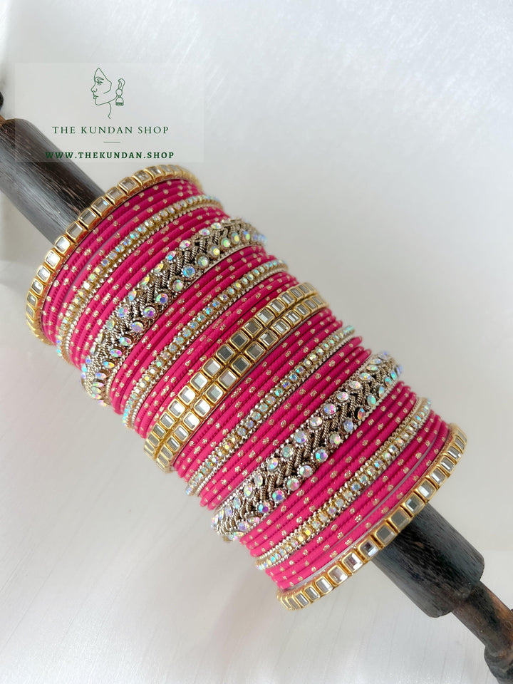 Iridescent Center Stones in Dark Pink Bangles THE KUNDAN SHOP 