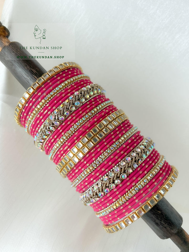 Iridescent Center Stones in Dark Pink Bangles THE KUNDAN SHOP 