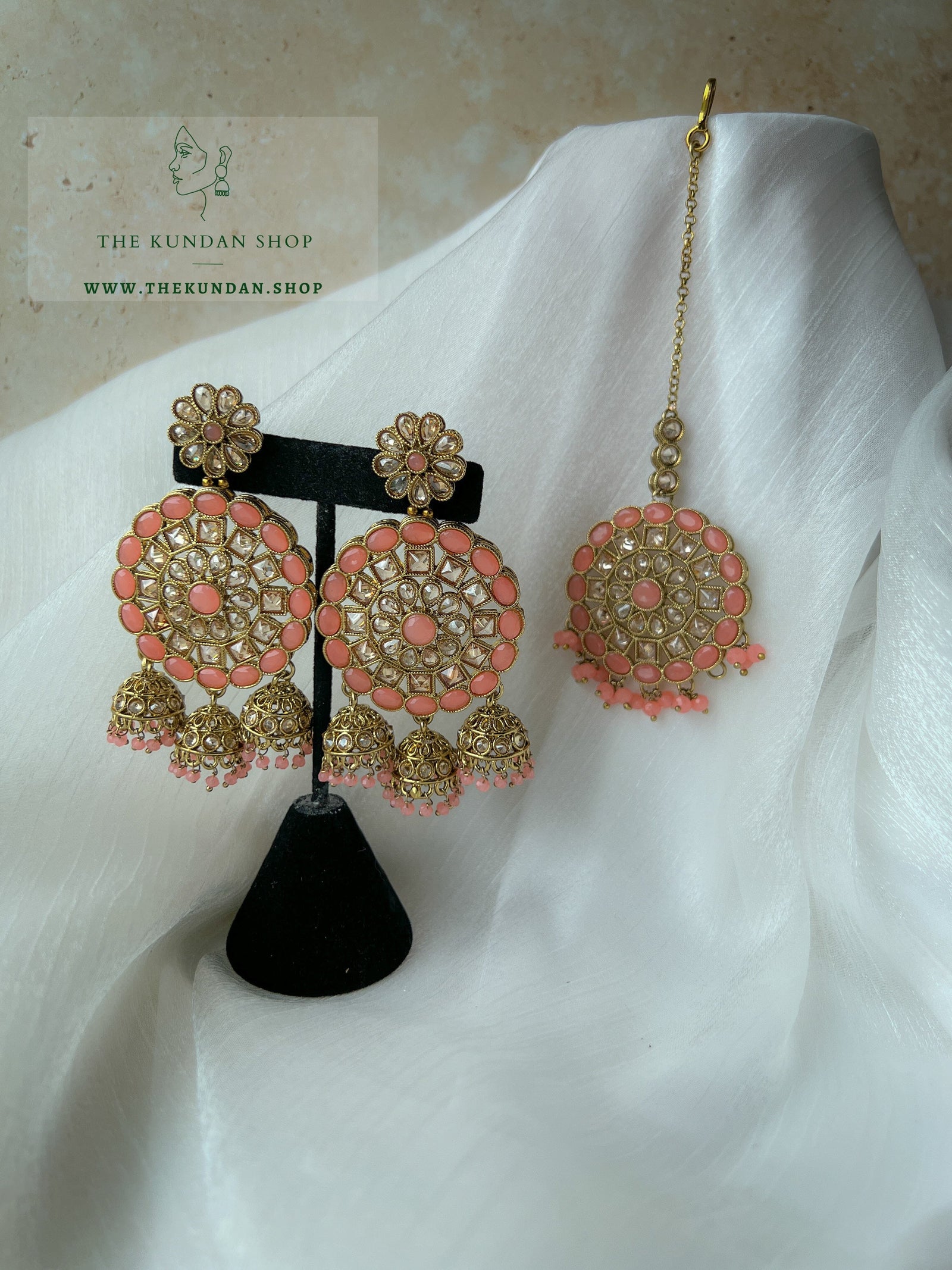 Willing in Dark Peach Earrings + Tikka THE KUNDAN SHOP 