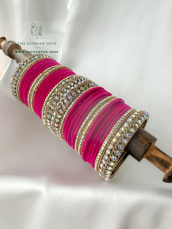 Iridescent Stones &amp; Velvet in Dark Pink Bangles THE KUNDAN SHOP 
