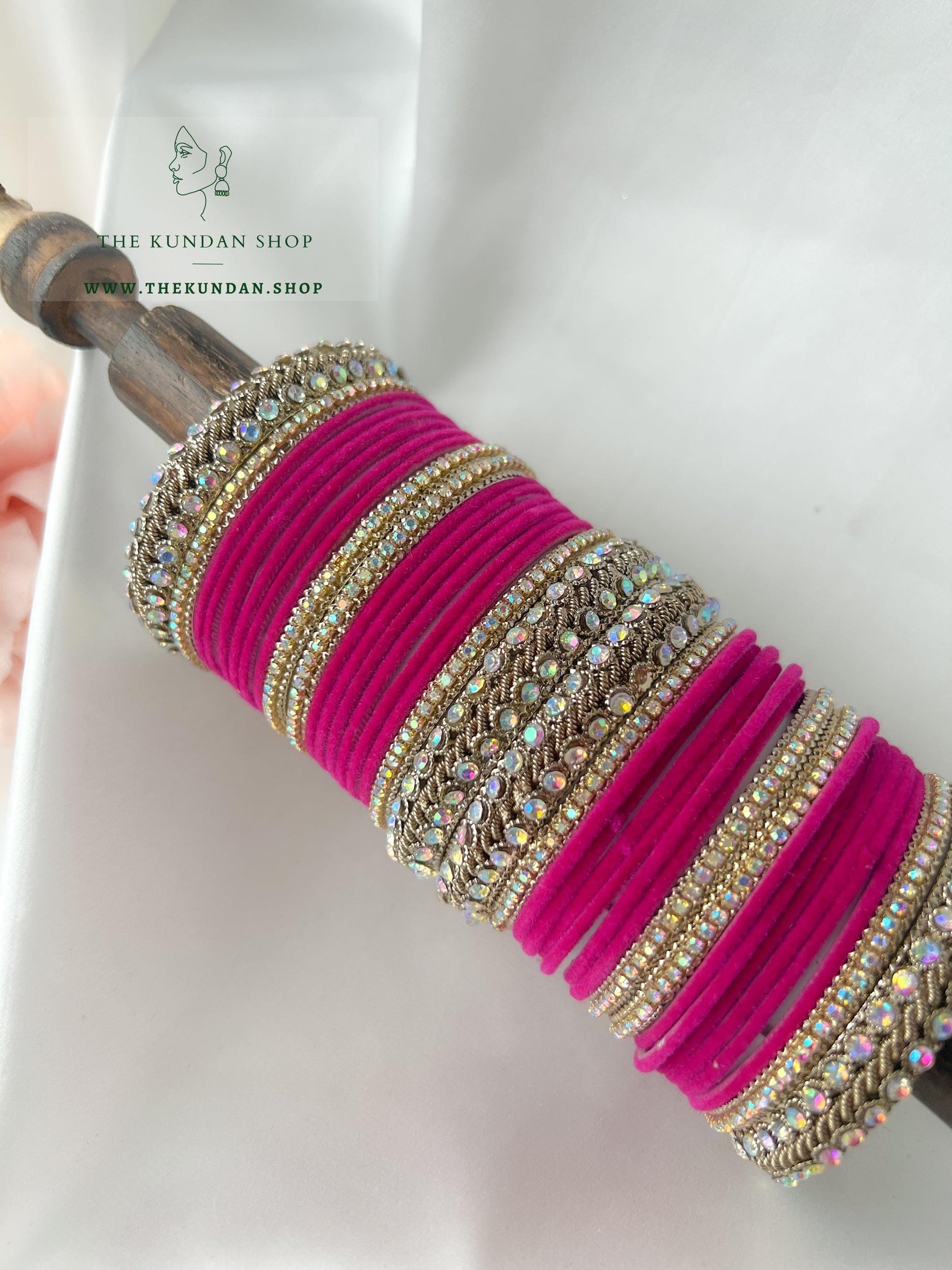 Iridescent Stones & Velvet in Dark Pink Bangles THE KUNDAN SHOP 