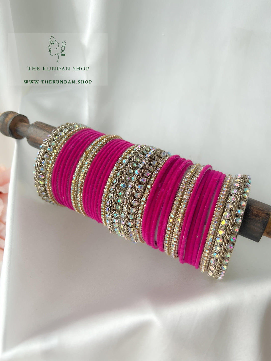 Iridescent Stones &amp; Velvet in Dark Pink Bangles THE KUNDAN SHOP 