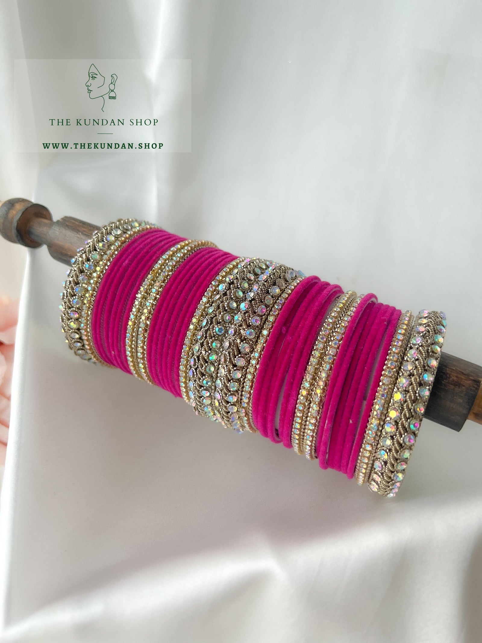 Iridescent Stones & Velvet in Dark Pink Bangles THE KUNDAN SHOP 