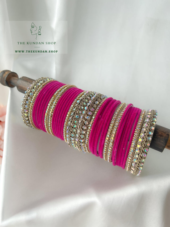 Iridescent Stones &amp; Velvet in Dark Pink Bangles THE KUNDAN SHOP 