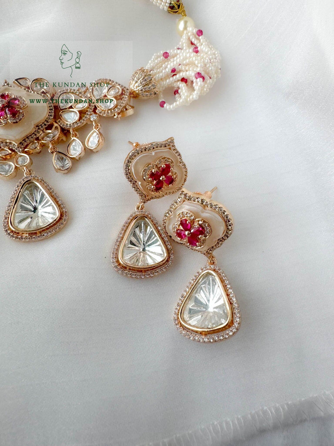 Center Petals in Mother of Pearl // Dark Pink Necklace Sets THE KUNDAN SHOP 