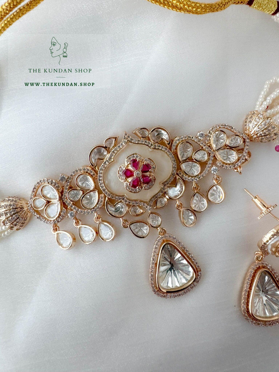 Center Petals in Mother of Pearl // Dark Pink Necklace Sets THE KUNDAN SHOP 