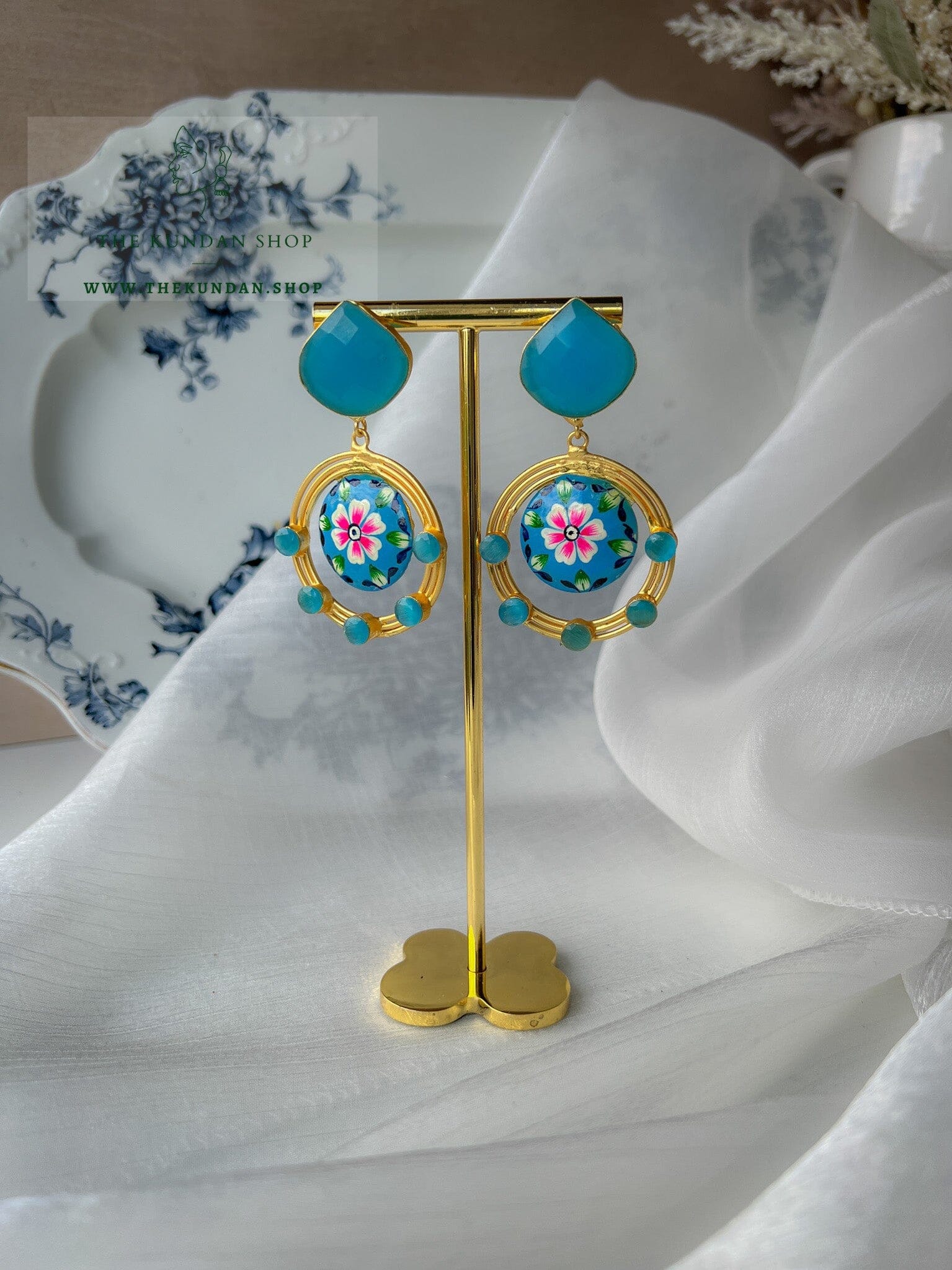 Meena Drops & Stone Earrings THE KUNDAN SHOP Blue 