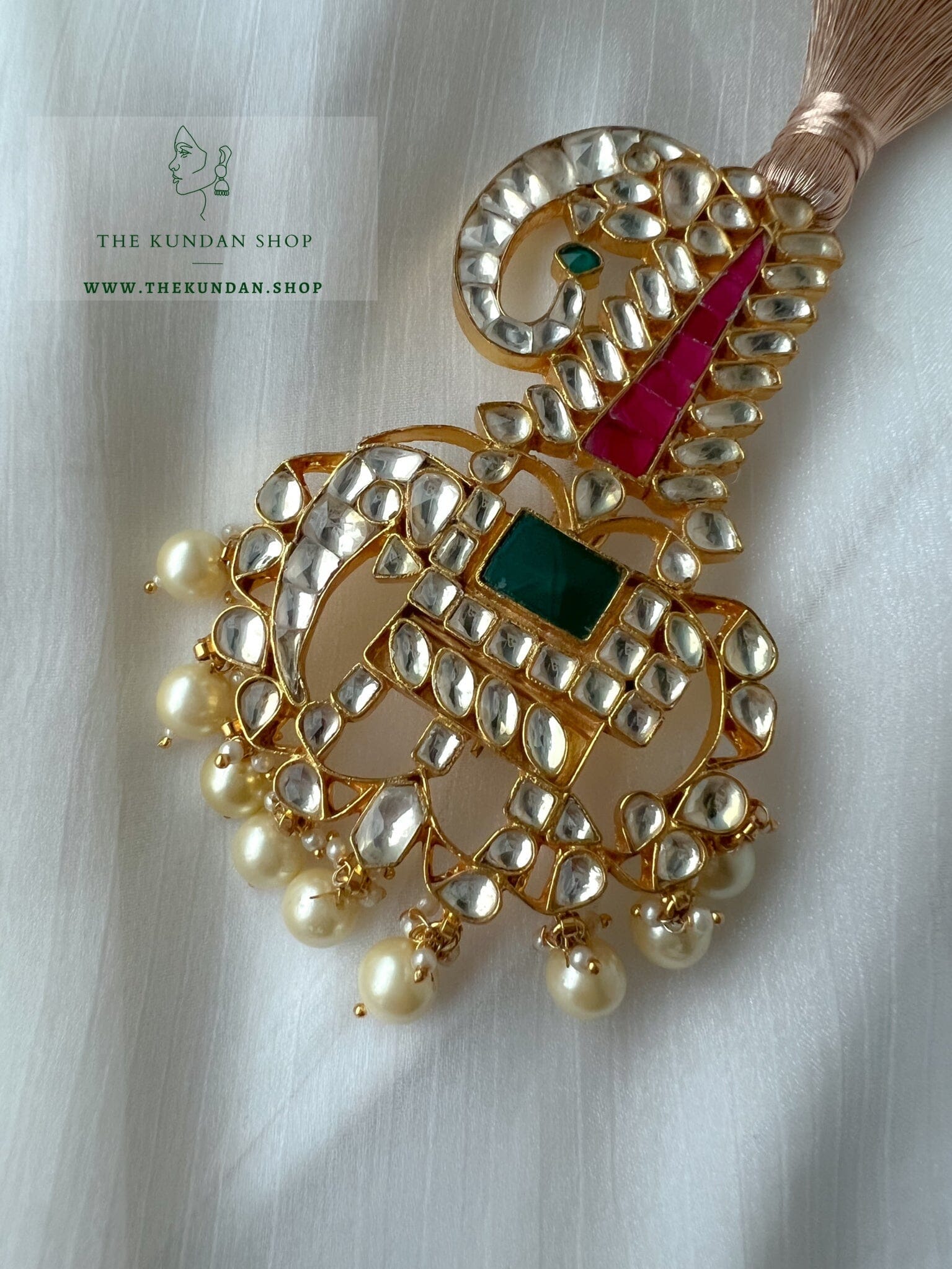 Double Elephant in Pink & Green Kalgi THE KUNDAN SHOP 