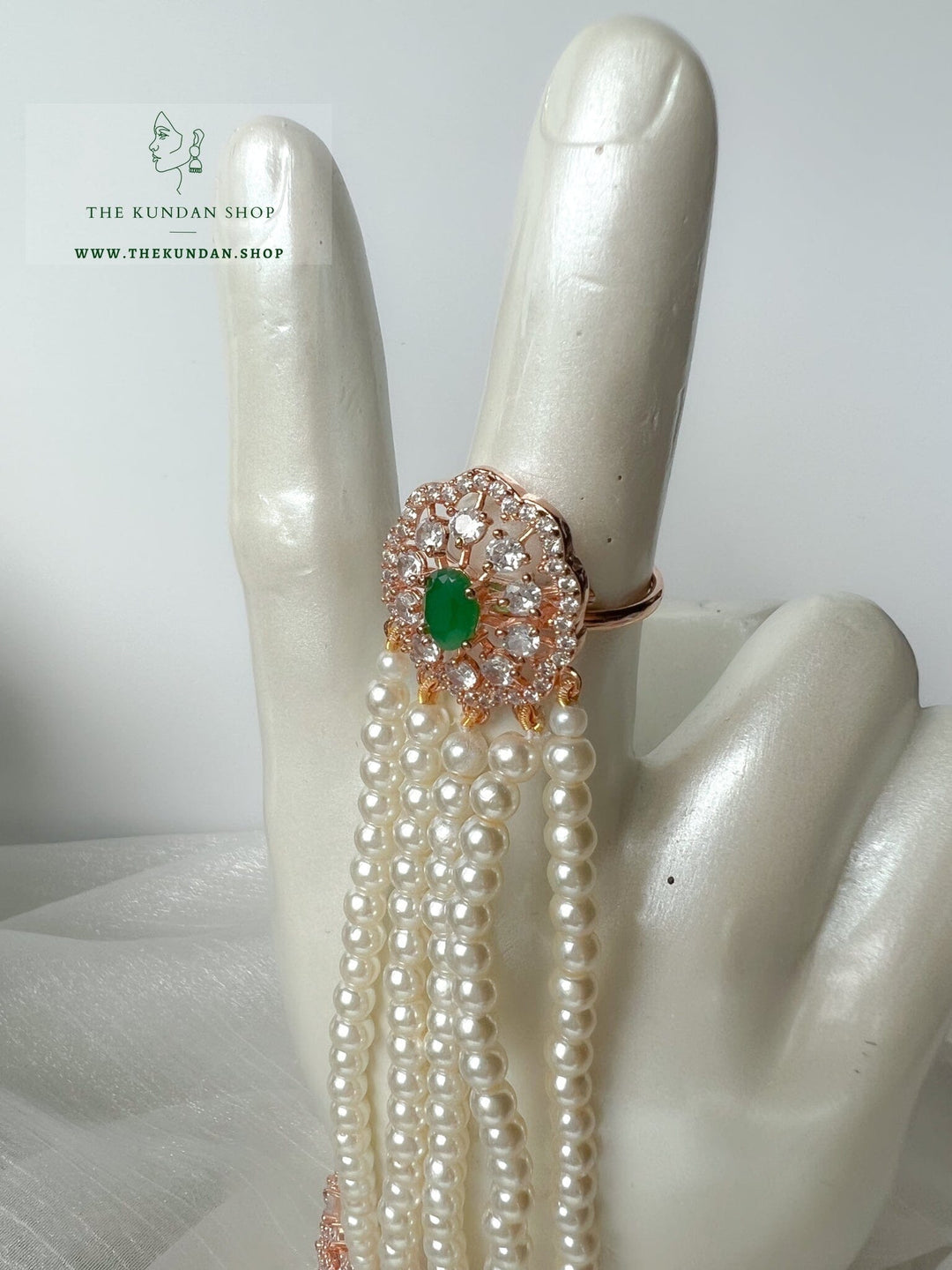 Beauties Hand Piece in Rose Gold & Emerald Ring THE KUNDAN SHOP 