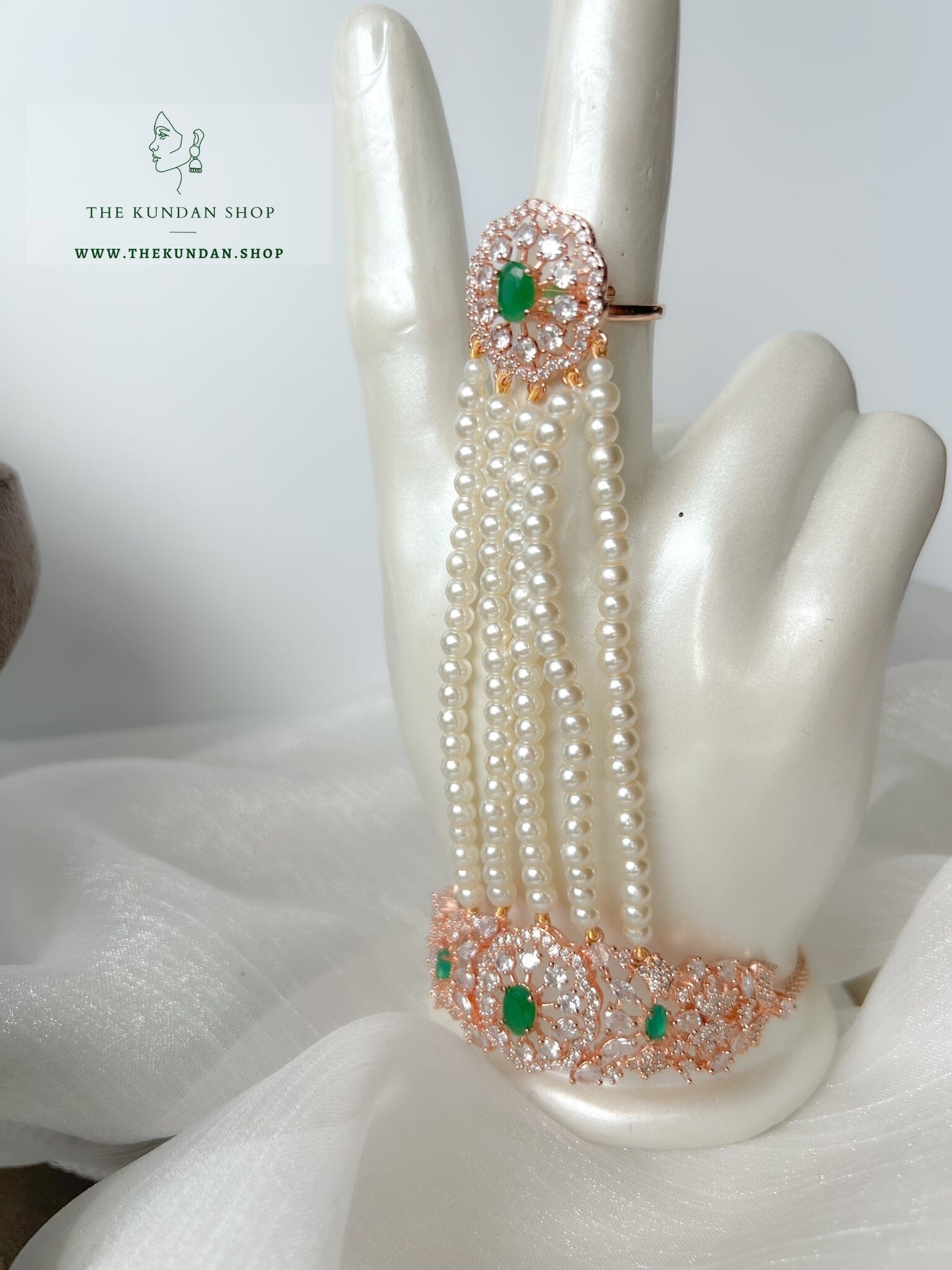 Beauties Hand Piece in Rose Gold & Emerald Ring THE KUNDAN SHOP 